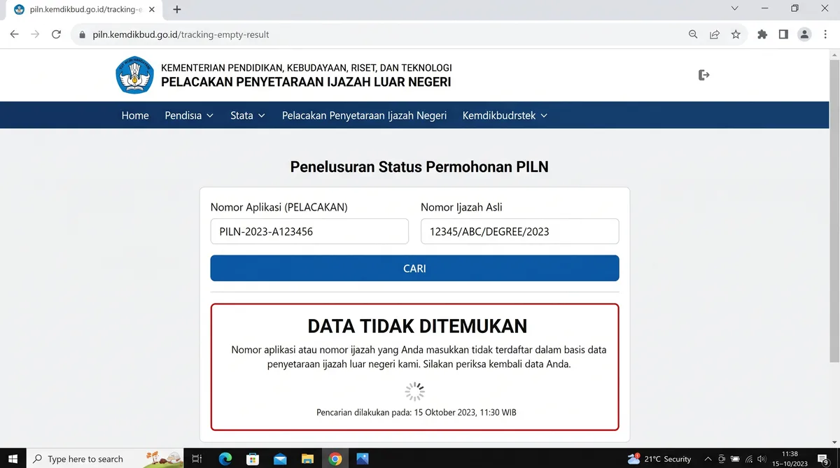 Ilustrasi tangkapan layar pencarian data penyetaraan ijazah luar negeri Gibran Rakabuming di situs kemdikbud go id