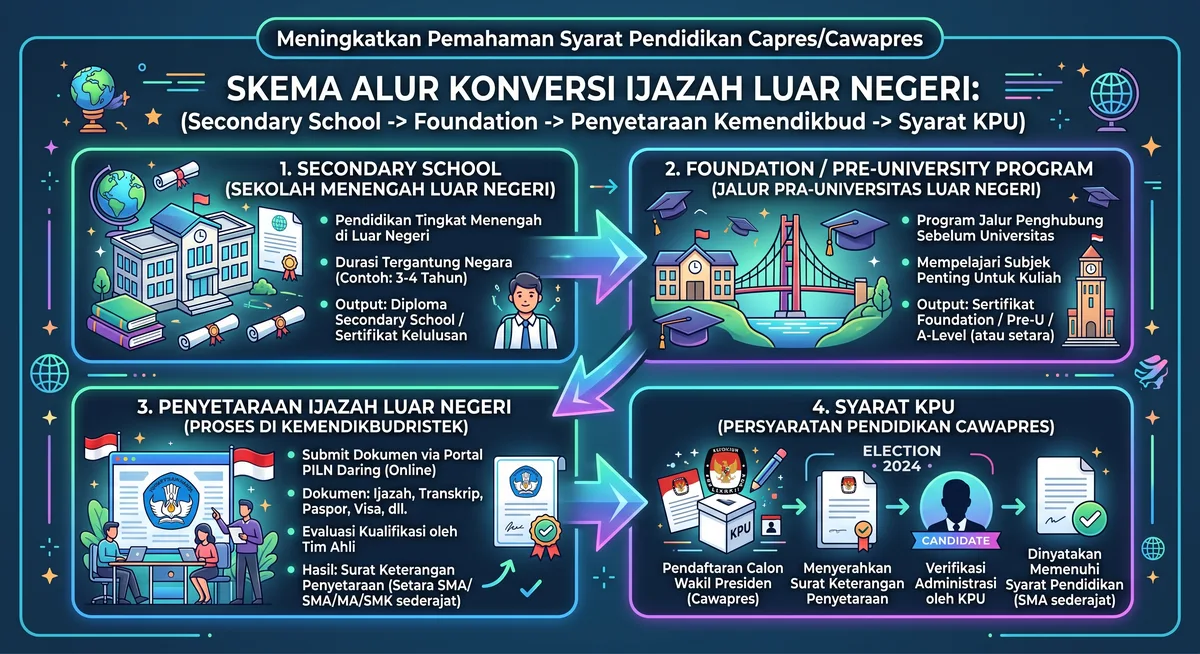 Infografis alur penyetaraan ijazah luar negeri cawapres berdasarkan aturan Kemendikbudristek.