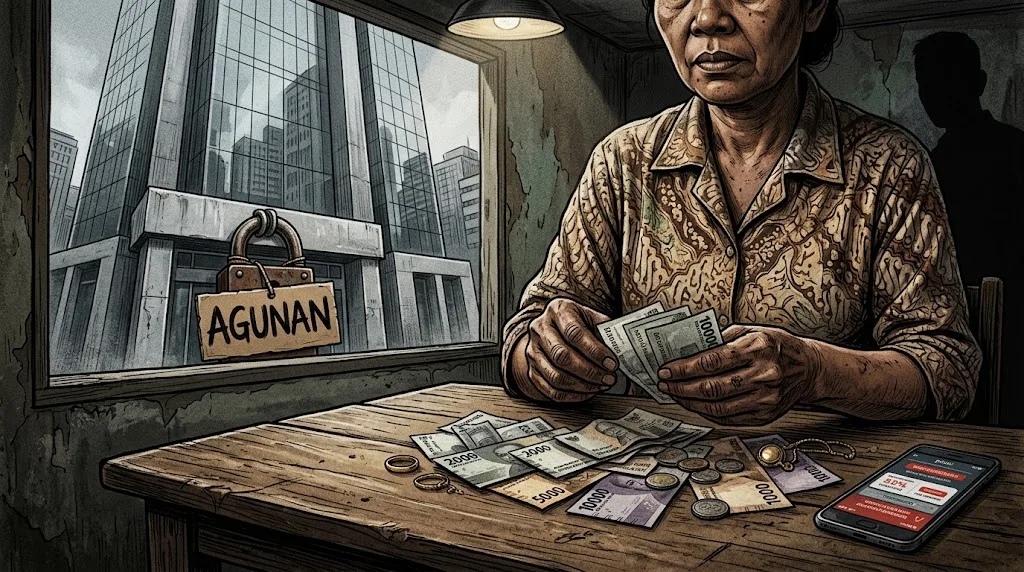 Ilustrasi: Jurang permodalan UMKM—perbankan formal terkunci di balik syarat agunan kaku, memaksa rakyat mengais modal mandiri dari sisa tabungan, gadai perhiasan, hingga pinjaman online.