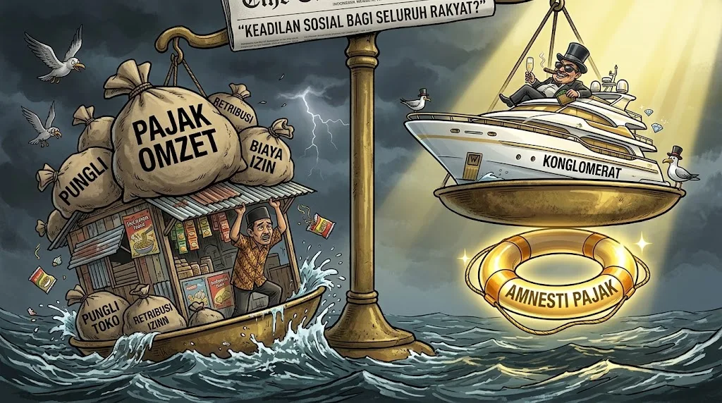 Ilustrasi: Standar ganda keadilan fiskal—beban pajak omzet, retribusi, dan pungli menenggelamkan pelaku usaha kecil, sementara konglomerat menikmati karpet merah pengampunan pajak (tax amnesty).