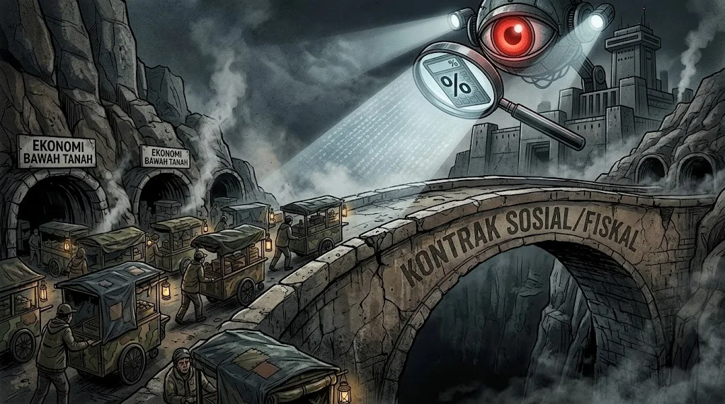 Ilustrasi: Retaknya kontrak fiskal—pengawasan dan pemajakan agresif membuat jembatan kepercayaan runtuh, mendorong pelaku usaha kecil melarikan diri ke dalam ekonomi bawah tanah (underground economy).