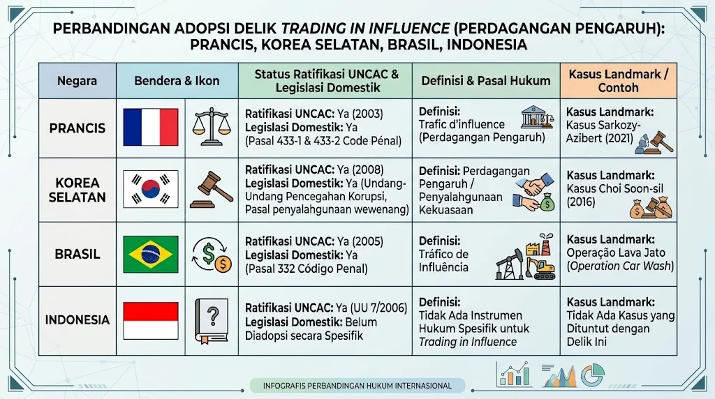 Perbandingan adopsi delik trading in influence di Prancis, Korea Selatan, Brasil, dan Indonesia pasca ratifikasi UNCAC