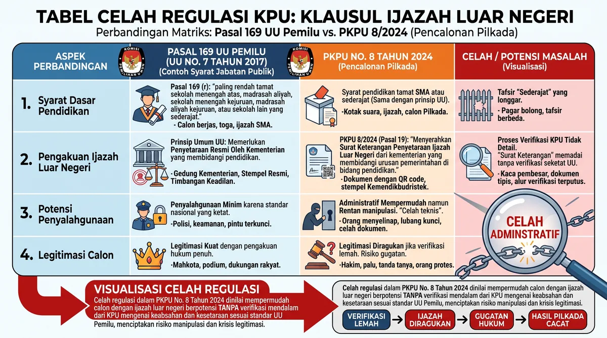 Tabel kontradiksi pasal UU Nomor 7 Tahun 2017 dan PKPU tentang syarat ijazah capres cawapres